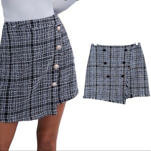 Glamorous Blue White & Black Tweed Plaid Wrap Style Skirt by Lush Size Small